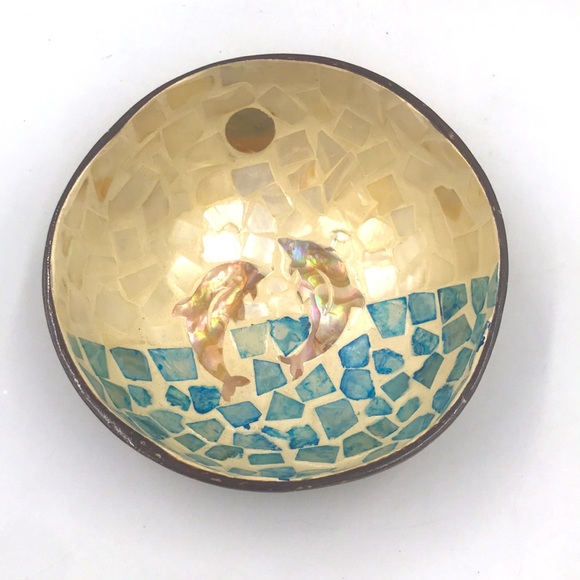 Imported Coconut Shell Bowl w/ two Dolphins - Picture 1 of 6